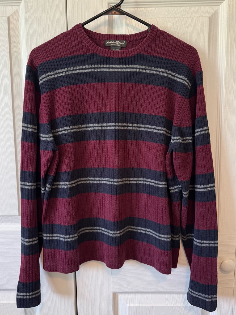 Eddie Bauer Burgundy and Navy Striped Crewneck Sweater - Women's Size Medium